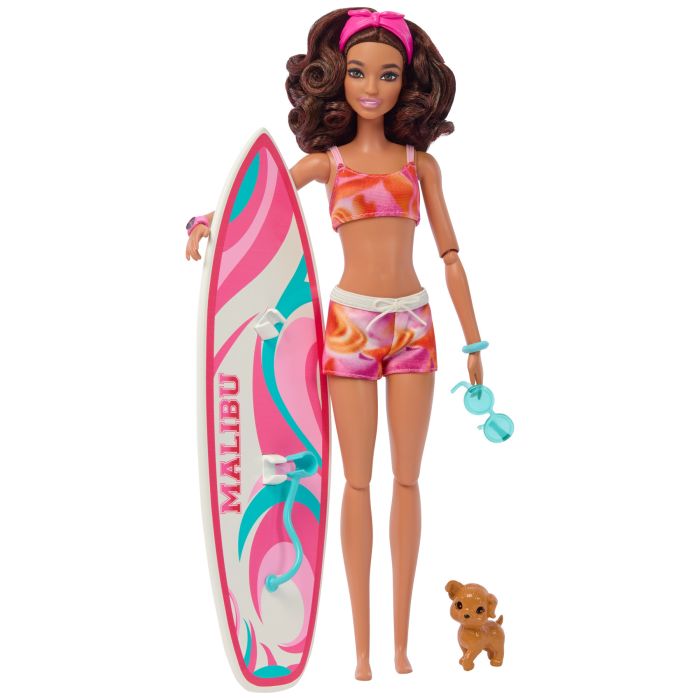 Barbie Doll With Surfboard And Pet Puppy Poseable Brunette Barbie Beach Doll With Themed Accessories Like Towel And Stereo Toys R Us Online