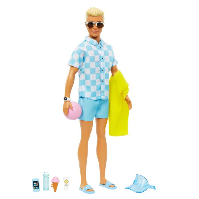 Blonde Ken Doll With Blue Button Down And Swim Trunks Visor Towel And Beach Themed Accessories Toys R Us Online